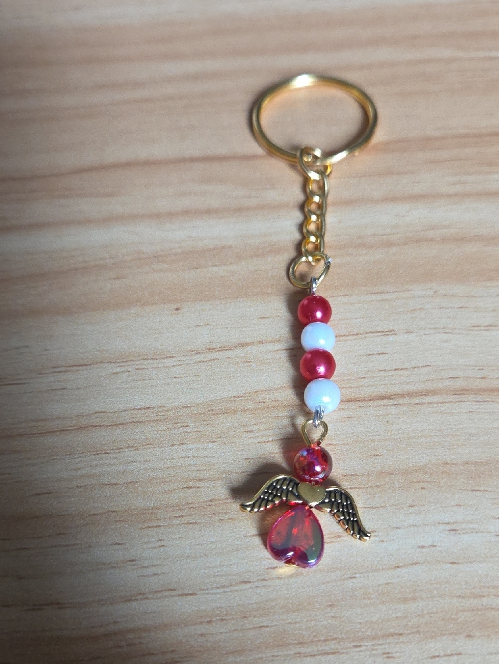 Gold Angel Keychain Pendant with Red and White Beads